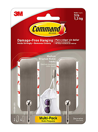 Command Medium Brushed Nickel Hooks, 3 lb, 2 Nickel Hooks, 4 Medium Strips