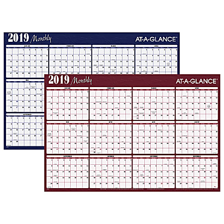 AT-A-GLANCE® Horizontal Erasable Yearly Wall Planner, 48" x 32", Red/Blue, January to December 2019