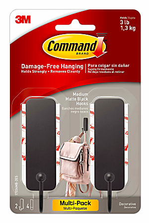 Command Medium Matte Black Hooks, 3 lb, 2 Hooks, 4 Medium Strips