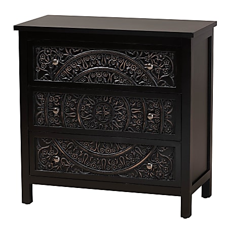 Baxton Studio Yelena 32"W Classic And Traditional Finished Wood 3-Drawer Storage Cabinet, Black/Chrome