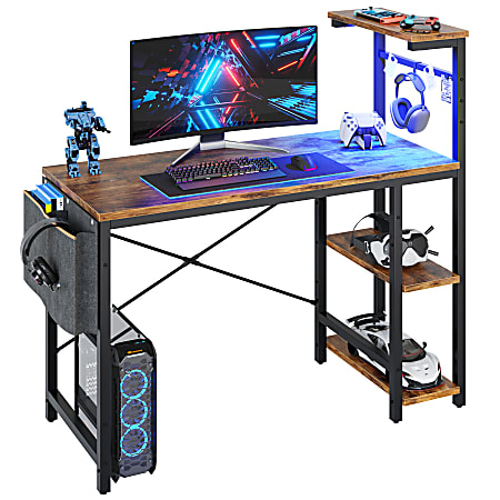 Bestier RGB Gaming Desk With Storage Shelf & Side Pocket, 45"W, Rustic Brown