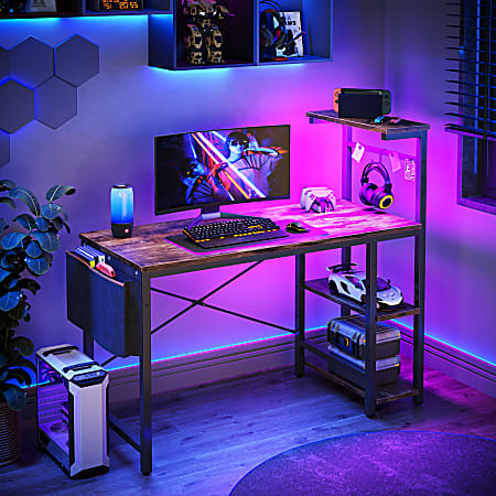 Black Gaming Desk with LED Lights, 55 Computer Desk with Hutch