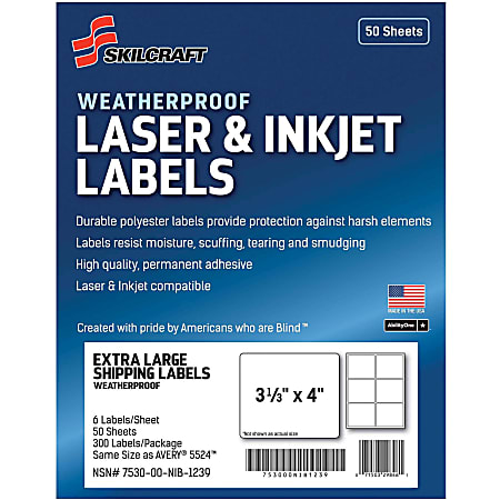 SKILCRAFT Weatherproof Mailing Labels - 3 21/64"x 4" - Permanent Adhesive - Rectangle - Laser, Inkjet - 6736217