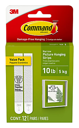 Command Narrow Picture Hanging Strips Value Pack, 10 lb, 12 Narrow Pairs