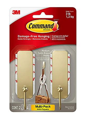 Command Medium Satin Brass Hooks, 3 lb, 2 Medium Hooks, 4 Medium Strips