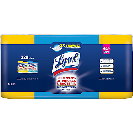 Lysol Disinfecting Wipes Pack - Wipe - Lemon Lime Blossom, Ocean Fresh Scent - 80 / Canister - 12 / Carton - White