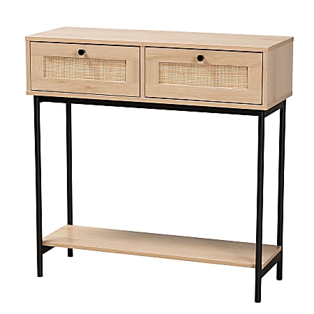 Baxton Studio Sherwin Mid-Century Modern 2-Drawer Console Table With Woven Rattan Accent, 31-1/2"H x 31-1/2"W x 11-5/8"D, Light Brown/Black