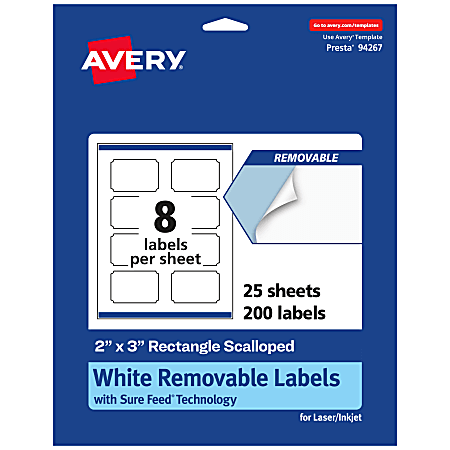 Avery® Removable Labels With Sure Feed®, 94267-RMP25, Rectangle Scalloped, 2" x 3", White, Pack Of 200 Labels
