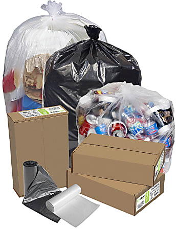 Pitt Plastics PCR Low Density EcoStrong Plus Trash Bags, 45 Gallon, Clear, Case Of 100 Trash Bags