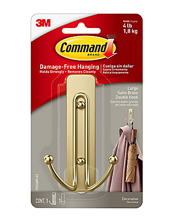 Command Large Satin Brass Double Hook, 5 lb, 1 Satin Brass Hook, 1 Large Strip
