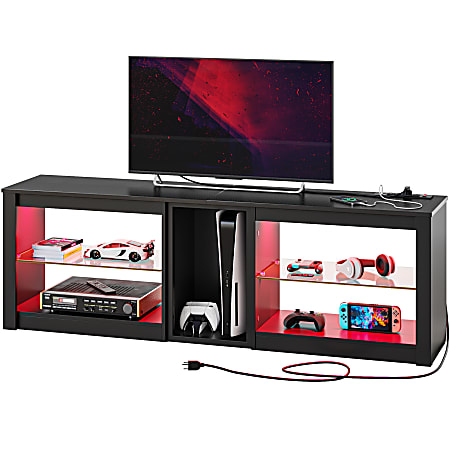 Bestier TV Stand For 70" TVs With Power Outlets, Glass Shelves & LED Lights, 20-1/2"H x 63"W x 13-3/4"D, Black 3D Carbon Fiber