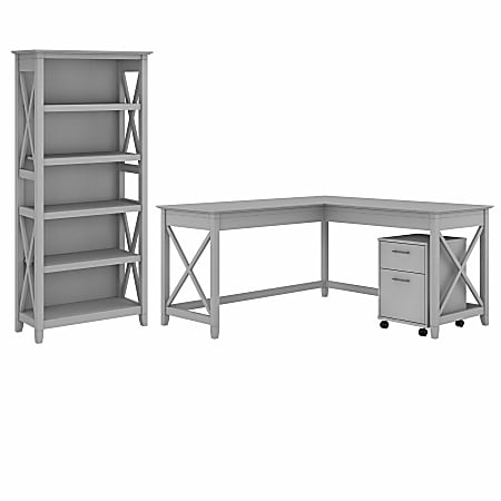 Bush Business Furniture Key West 60"W L-Shaped Corner Desk With 2-Drawer Mobile File Cabinet And 5-Shelf Bookcase, Cape Cod Gray, Standard Delivery