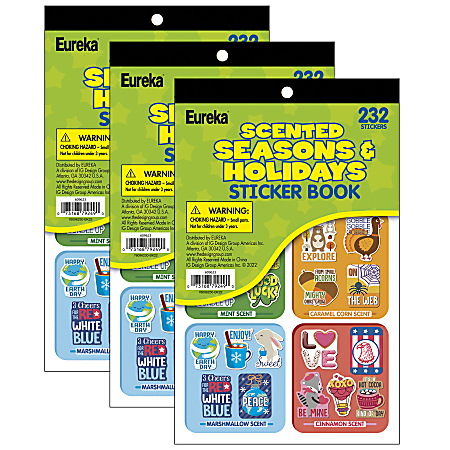 Eureka Scented Sticker Books, Medium, Seasons & Holidays, 232 Stickers Per Book, Bundle Of 3 Books
