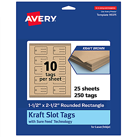 Avery® Print-To-The-Edge Slot Tags With Sure Feed® Technology, 1-1/2"x2-1/2" Rectangle Rounded, Kraft Brown, Pack Of 250