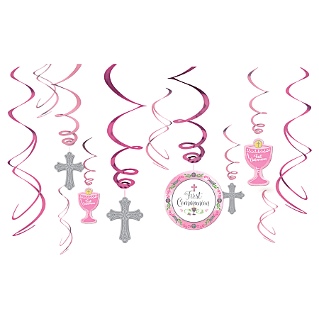 Amscan Religious Communion Day Foil Swirl Decorations, Pink, 12 Decorations Per Pack, Set Of 3 Packs