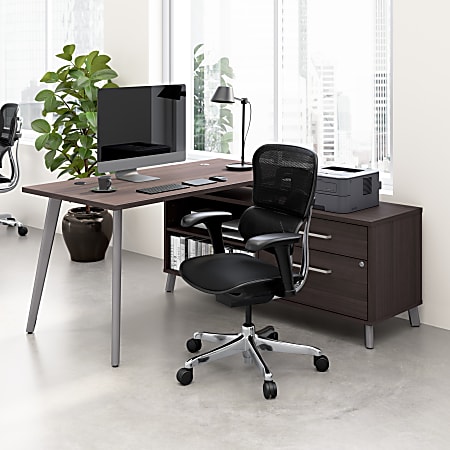 WorkPro® Motiva 60"W Modern Corner Desk With Drawers And Shelves, Storm Gray, Standard Delivery