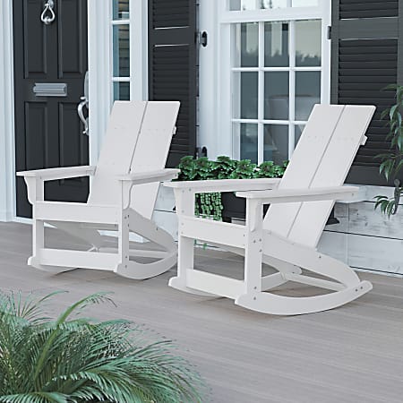 Flash Furniture Finn Modern Commercial Grade All-Weather 2-Slat Poly Resin Rocking Adirondack Chairs, White, Set Of 2 Chairs