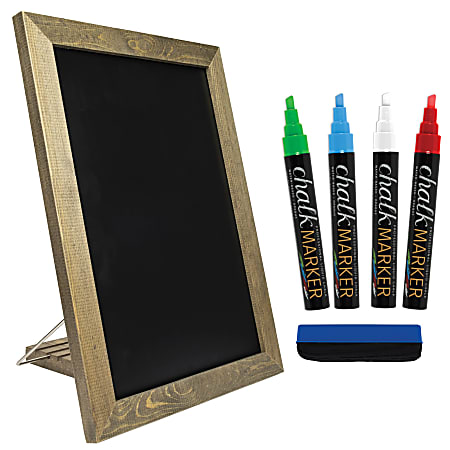 Excello Adjustable Tabletop Standing Magnetic Chalkboard Sign With 4 Chalk Markers, 11" x 15", Black, Brown Wood Frame