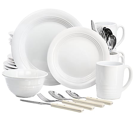 Martha Stewart 32-Piece Stoneware Dinnerware And Flatware Combo Set, Linen