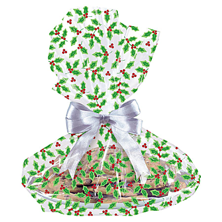 Amscan Christmas Holly Cellophane Cookie Tray Bags, 18" x 16", Pack Of 30 Bags