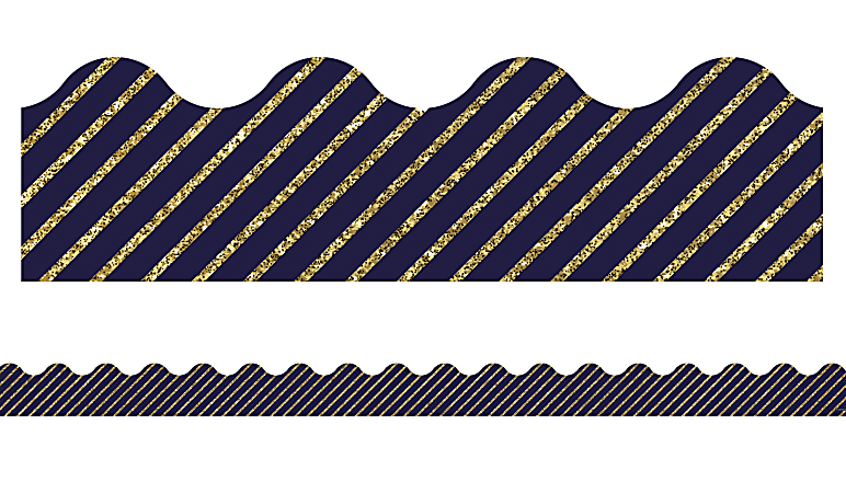 Carson-Dellosa Sparkle And Shine Scalloped Borders, 2 1/4" x 36", Glitter Stripes, Gold/Navy, Preschool - Grade 8, Pack Of 13 Borders