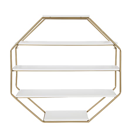 Kate and Laurel Lintz Large Octagon Floating Wall Shelves With Metal Frame, 30-3/4"H x 30-1/2"W x 7"D, White/Gold