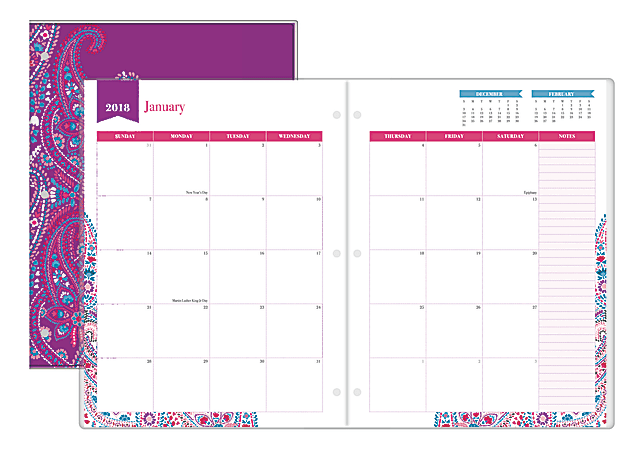 Office Depot® Brand Boho Floral Monthly Planner, 8 1/4" x 10 3/4", Purple, January to December 2018