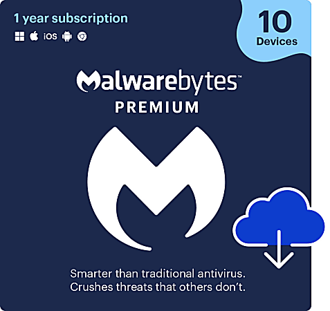 Malwarebytes Premium, For 10 Devices, 1-Year Subscription, Windows/Mac/Android, ESD