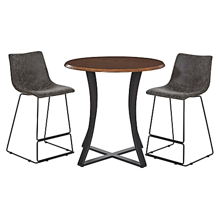 Office Star Metro Round Counter Height Dining Table With 2 Faux Leather Stools, 36-1/4”H x 36”W x 36”D, Oak Vaneer/Charcoal