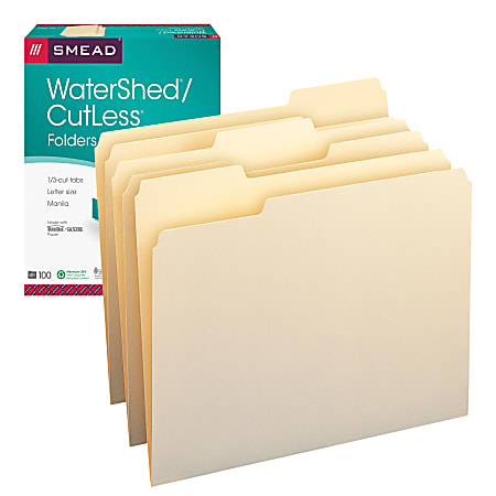 Smead® CutLess® And WaterShed®/CutLess® File Folders, Letter Size, 1/3 Cut, 30% Recycled, Manila, Box Of 100