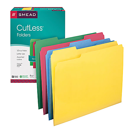 Smead® CutLess® Color File Folders, Letter Size, 1/3 Cut, 30% Recycled, Assorted Colors, Box Of 100