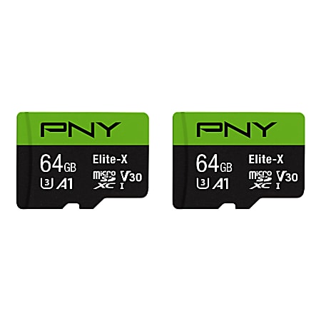 PNY Elite-X Class 10 U3 V30 microSDXC Flash Memory Card, 64GB, Pack Of 2