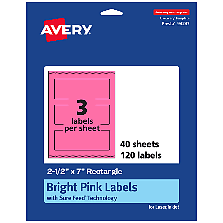 Avery® Print-To-The-Edge Labels With Sure Feed® Technology, 94247-BPP40, Rectangle, 2-1/2" x 7", Matte Bright Pink, Pack of 120