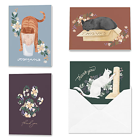 All Occasion Thank You "Feline Affection" Greeting Card Assortment With Blank Envelopes, 4-7/8" x 3-1/2", Pack of 24