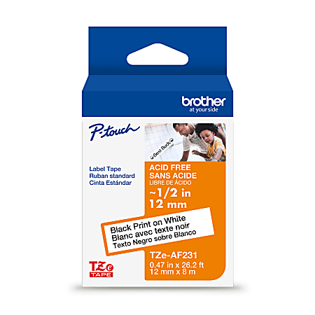 Brother P-touch TZeAF231, Acid-Free Laminated, ~1/2in (12mm) x 26.2ft (8m), Black on White Label Tape