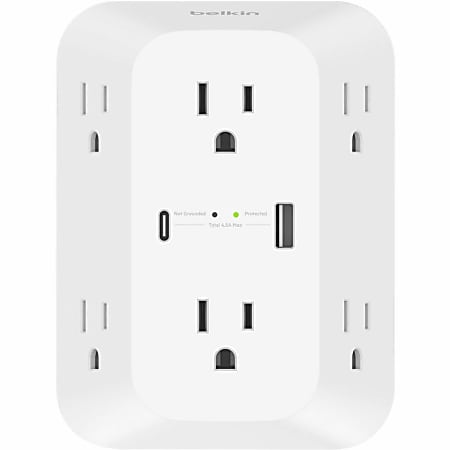 Belkin 6-Outlet Surge Protector Power Strip, Wall-Mountable with 6 AC Outlets, Overvoltage Protection, LED Indicator - SRA008P6TT