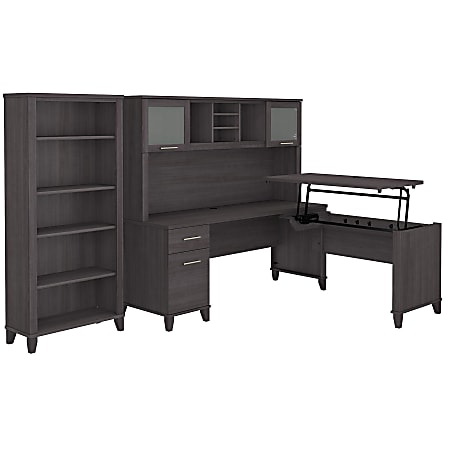 Bush Furniture Somerset 72"W 3-Position Sit-To-Stand L-Shaped Desk With Hutch And Bookcase, Storm Gray, Standard Delivery