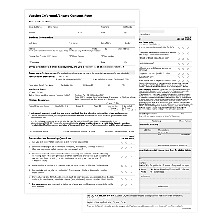 Vaccine Patient Intake Forms, General, 1-Part, 2-Sided, 8-1/2" x 14", Pack Of 1,000 Forms