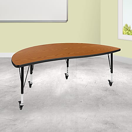 Flash Furniture Mobile Half Circle Wave Flexible Collaborative Thermal Laminate Activity Table With Height-Adjustable Short Legs, 25"H x 30"W x 60"D, Oak
