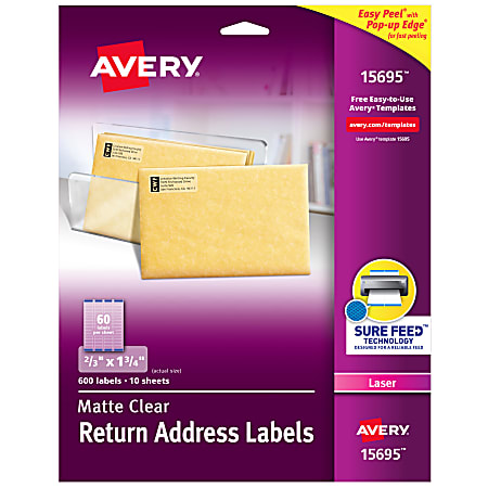 Avery® Matte Return Address Labels With Sure Feed® Technology, 15695, Rectangle, 2/3" x 1-3/4", Clear, Pack Of 600 Labels