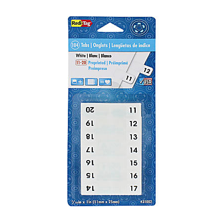 Redi-Tag® Permanent Index Tabs, 11-20, White, 8 Sets (24 Blank), Pack Of 104 Tabs