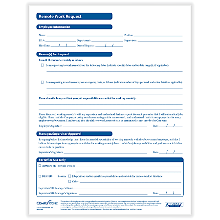 ComplyRight Employee Remote Work Request Forms, 8-1/2" x 11", Pack Of 25 Forms
