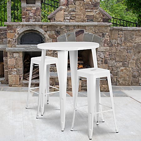 Flash Furniture Commercial-Grade Round Metal Indoor/Outdoor Bar Table Set With 2 Square-Seat Backless Stools, White
