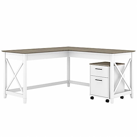 Bush Business Furniture Key West 60"W L-Shaped Corner Desk With 2-Drawer Mobile File Cabinet, Shiplap Gray/Pure White, Standard Delivery