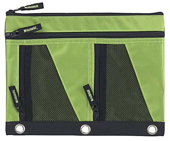 Office Depot® Brand 3-Ring Pencil Pouch With 4 Zippers, 10" x 1/4", Green/Black