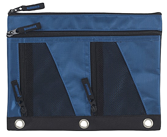 Office Depot® Brand 3-Ring Pencil Pouch With 4 Zippers, 10" x 1/4", Blue/Black