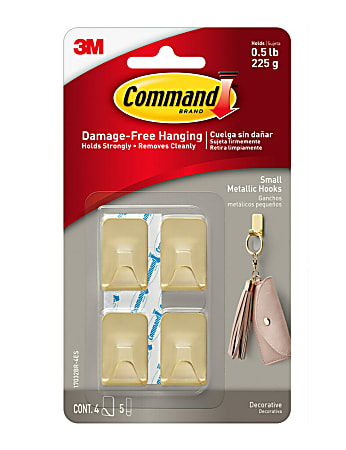 Command Small Metallic Hooks Brass Color, 0.5 lb, 4 Hooks, 5 Strips