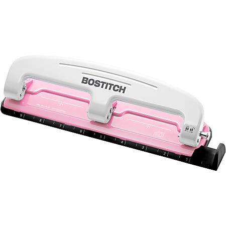 Bostitch EZ Squeeze Three Hole Punch InCourage 12 Sheet Capacity PinkWhite  - Office Depot