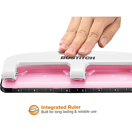 Bostitch EZ Squeeze Three Hole Punch InCourage 12 Sheet Capacity PinkWhite  - Office Depot