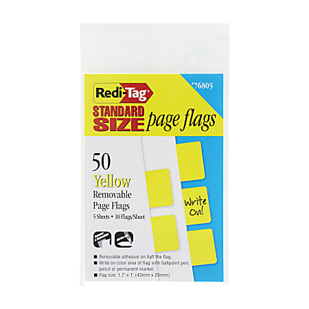 Redi-Tag Standard Size Page Flags - 50 x Yellow - 1" x 1 11/16" - Rectangle - Yellow - Removable, Self-adhesive - 50 / Pack